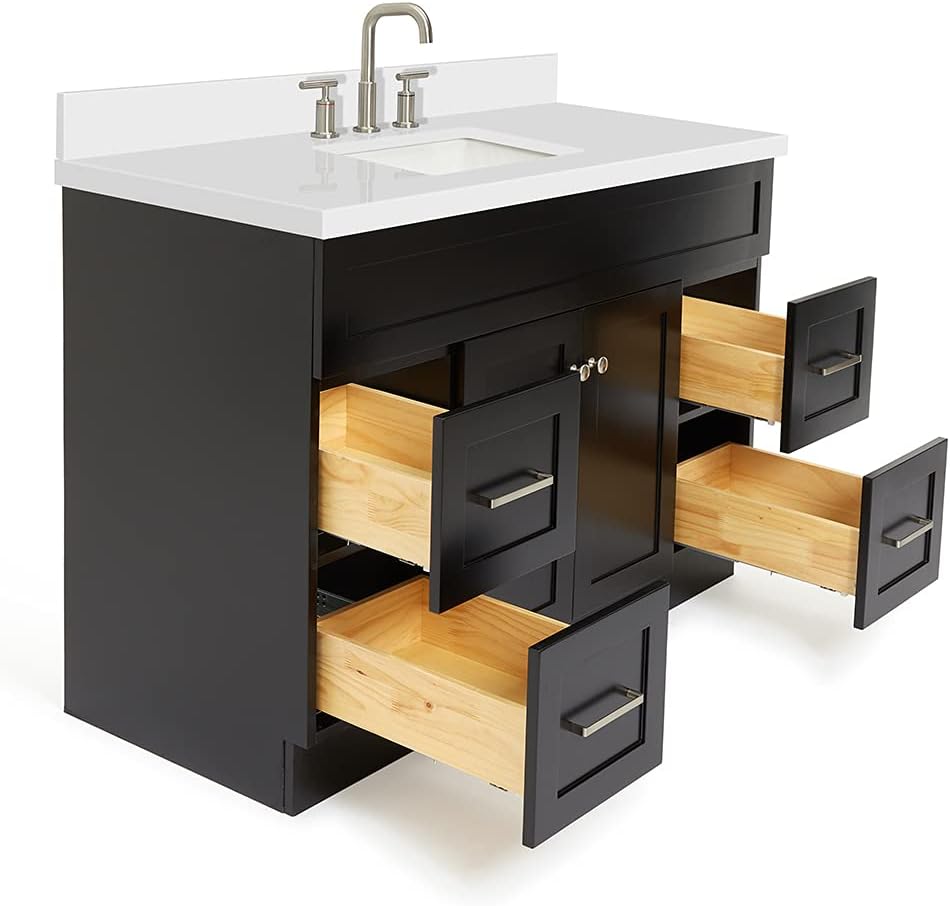 ARIEL Hamlet 48-inch Bathroom Vanity with Sink,Solid Wood, 1.5-inch Pure White Quartz Countertop & Backsplash, Single Rectangular Porcelain Sink, 2 Soft Closing Doors, 4 Dovetail Drawers, Black