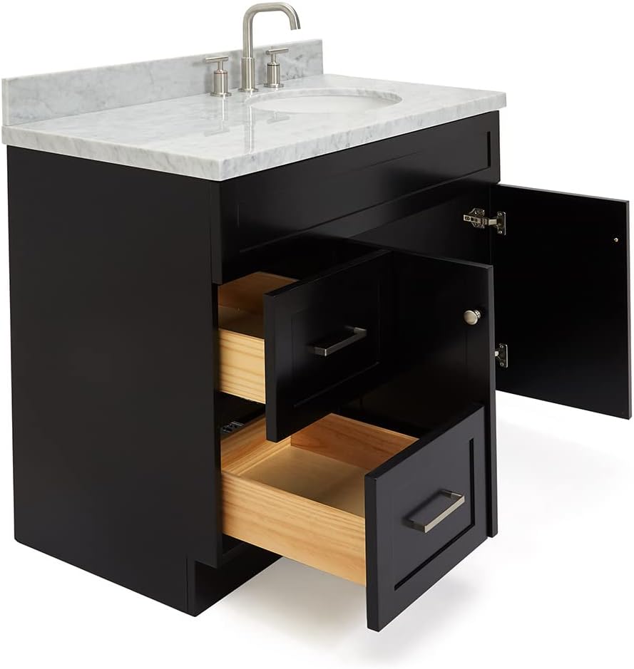 DKB Bradford 42' Black Bathroom Vanity with Sink, 1.5' Italian Carrara Marble Countertop, Solid Wood Frame, Oval Undermount Sink, Soft Closing Doors & Drawers