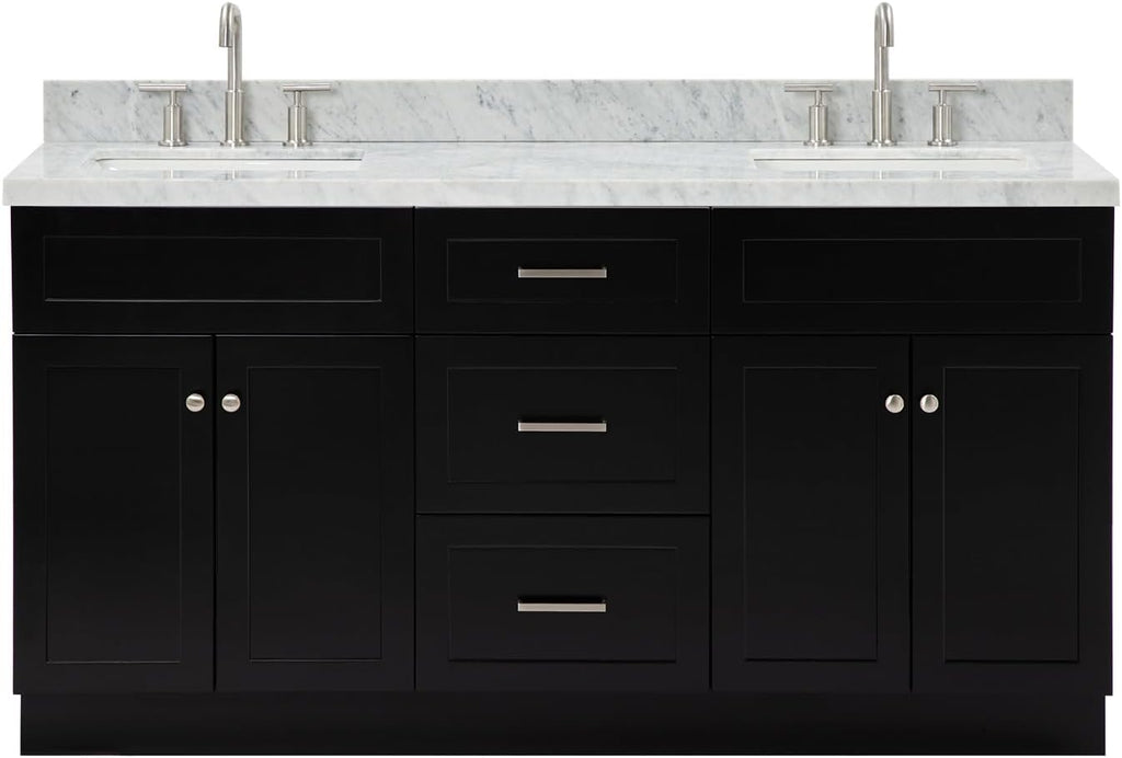 ARIEL Hamlet 66-inch Bathroom Vanity with Sink,Solid Wood, 1.5-inch Italian Carrara Marble Countertop, Double Rectangular Porcelain Sink, 4 Soft Closing Doors, 3 Dovetail Drawers, Black