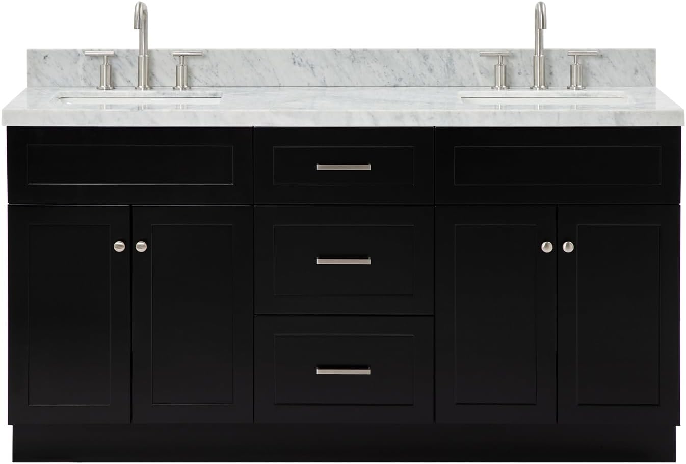 ARIEL Hamlet 66-inch Bathroom Vanity with Sink,Solid Wood, 1.5-inch Italian Carrara Marble Countertop, Double Rectangular Porcelain Sink, 4 Soft Closing Doors, 3 Dovetail Drawers, Black