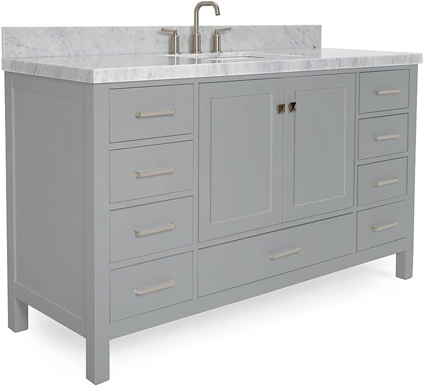 ARIEL Cambridge 60-inch Bathroom Vanity with Sink,Solid Wood, 1.5-inch Italian Carrara Marble Countertop, Single Rectangular Porcelain Sink, 2 Soft Closing Doors, 9 Dovetail Drawers, Grey