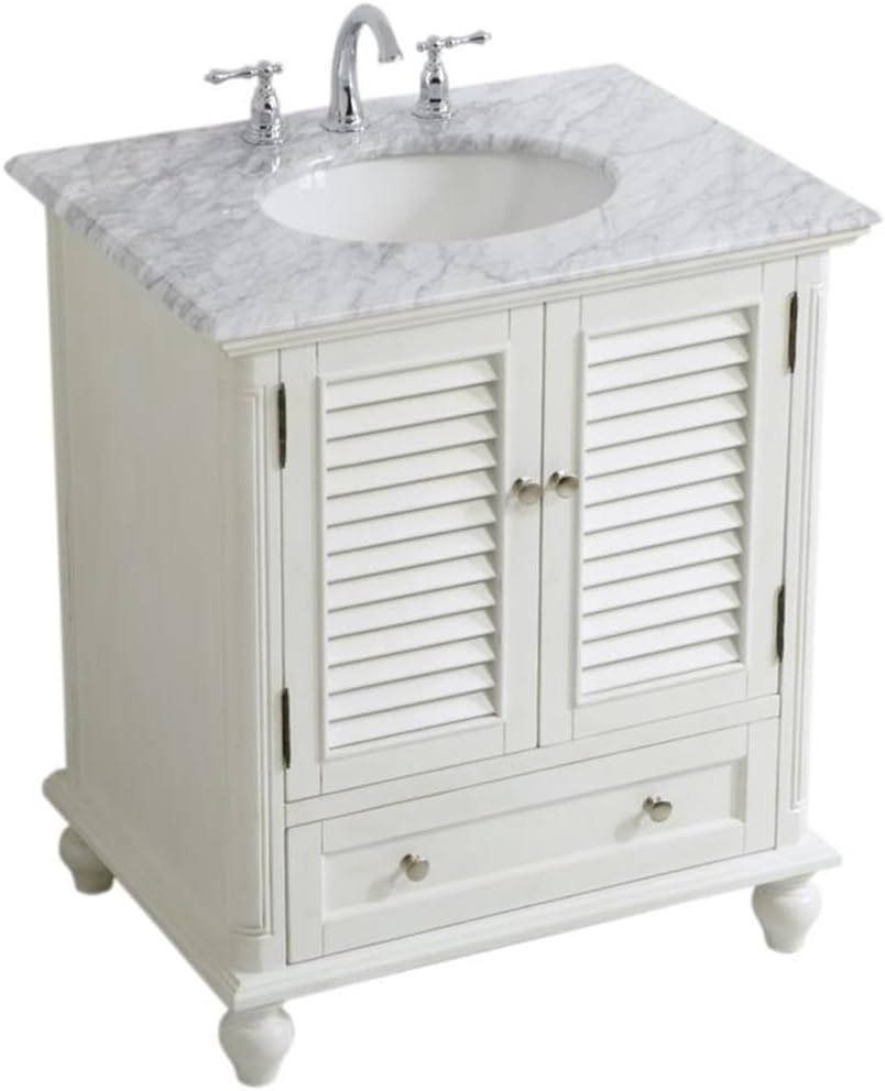 Pemberly Row 30' Single Marble Top Bathroom Vanity in Antique White