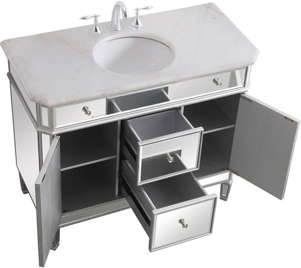 Pemberly Row 42' Marble Top Mirrored Bathroom Vanity, Antique Silver Finish, Rubberwood and MDF Base, Carrara White Marble Countertop, Porcelain Sink, Soft Close Drawers, 2 Doors, Free-Standing Design