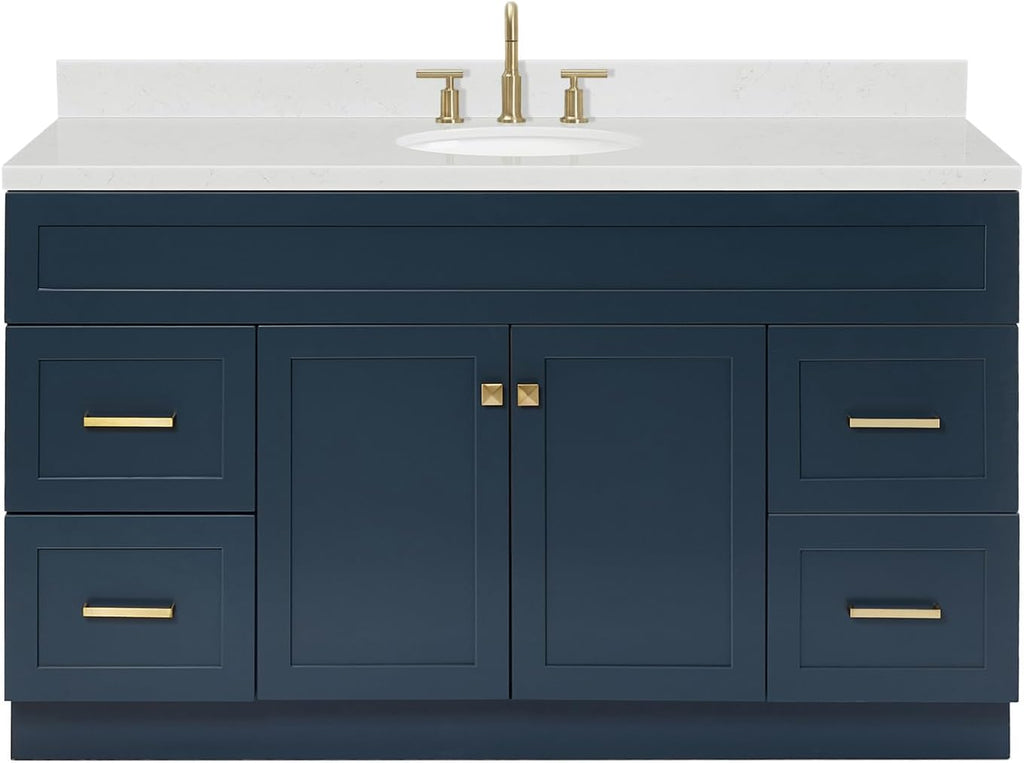 ARIEL Hamlet 60-inch Bathroom Vanity with Sink,Solid Wood, 1.5-inch Carrara White Quartz Countertop & Backsplash, Single Oval Porcelain Sink, 2 Soft Closing Doors, 4 Dovetail Drawers, Midnight Blue