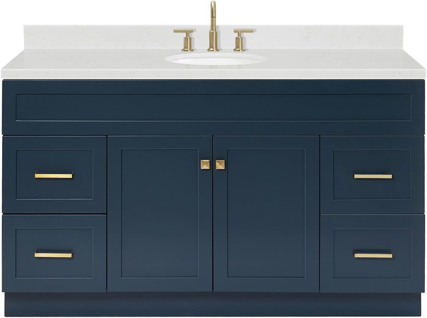 ARIEL Hamlet 60-inch Bathroom Vanity with Sink,Solid Wood, 1.5-inch Carrara White Quartz Countertop & Backsplash, Single Oval Porcelain Sink, 2 Soft Closing Doors, 4 Dovetail Drawers, Midnight Blue