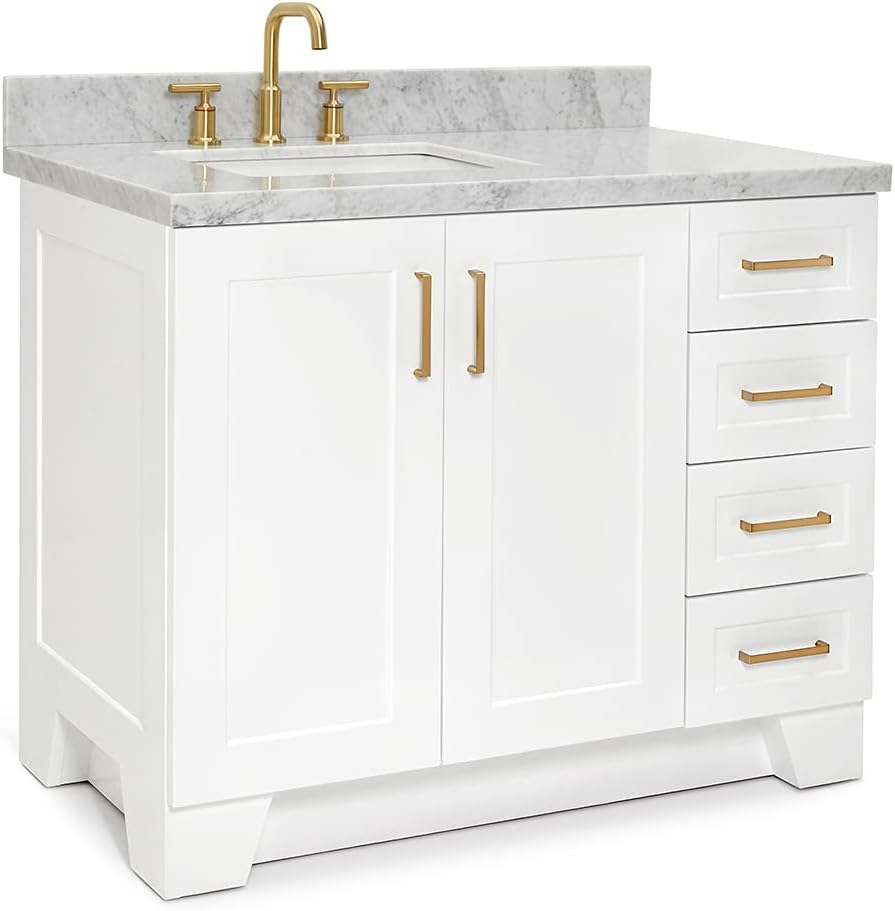 ARIEL Taylor 42-inch Bathroom Vanity with Sink,Solid Wood, 1.5-inch Italian Carrara Marble Countertop, Single Rectangular Porcelain Sink, 2 Soft Closing Doors, 5 Dovetail Drawers, White
