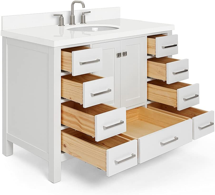 DKB Beckford 42-Inch White Bathroom Vanity with Sink, 1.5' Quartz Countertop & Backsplash, Undermount Oval Sink, 2 Soft Closing Doors & 9 Drawers, Satin Brass Hardware, Solid Wood Construction