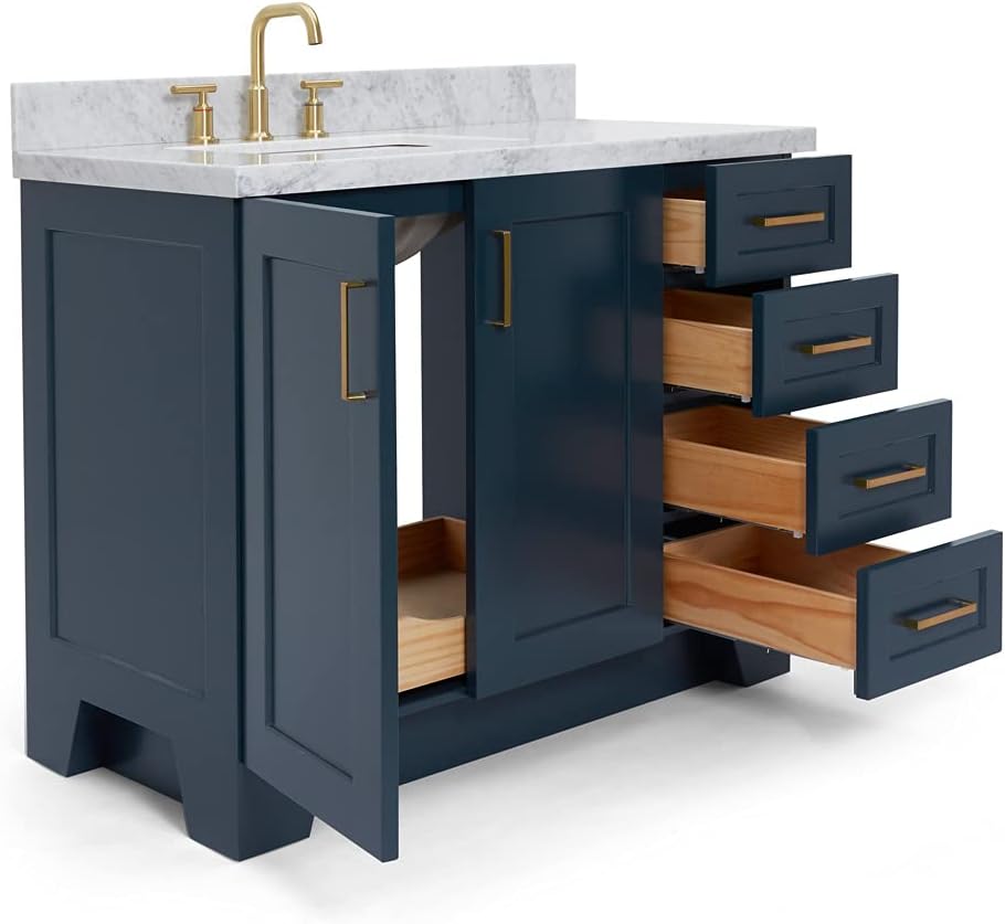 ARIEL Taylor 42-inch Bathroom Vanity with Sink,Solid Wood, 1.5-inch Italian Carrara Marble Countertop, Single Rectangular Porcelain Sink, 2 Soft Closing Doors, 5 Dovetail Drawers, Midnight Blue