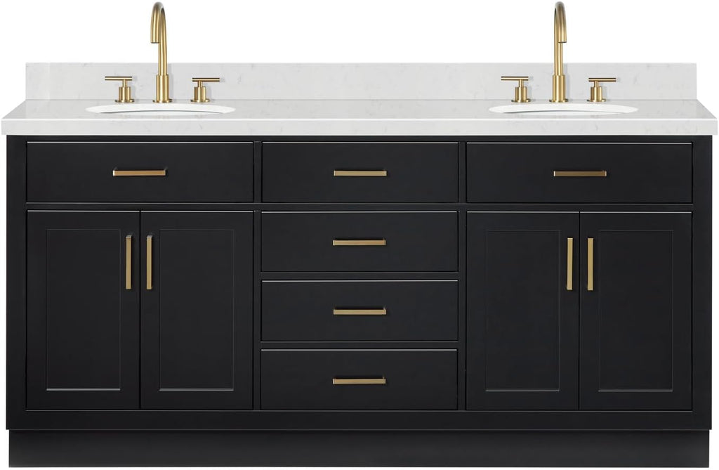 ARIEL Hepburn 72-inch Bathroom Vanity with Sink,Solid Wood, 1.5-inch Carrara White Quartz Countertop & Backsplash, Double Oval Porcelain Sink, 4 Soft Closing Doors, 6 Dovetail Drawers, Black