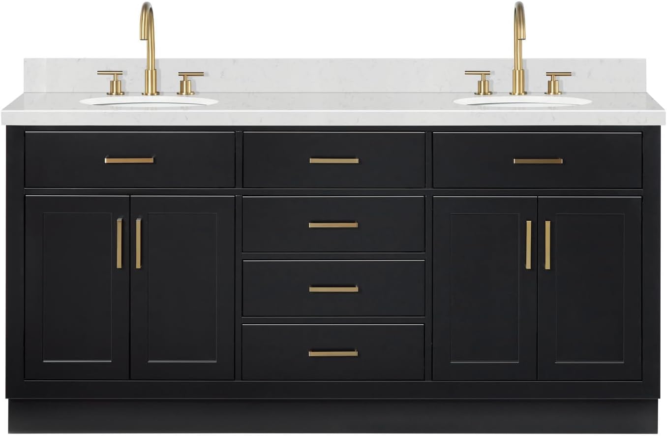 ARIEL Hepburn 72-inch Bathroom Vanity with Sink,Solid Wood, 1.5-inch Carrara White Quartz Countertop & Backsplash, Double Oval Porcelain Sink, 4 Soft Closing Doors, 6 Dovetail Drawers, Black