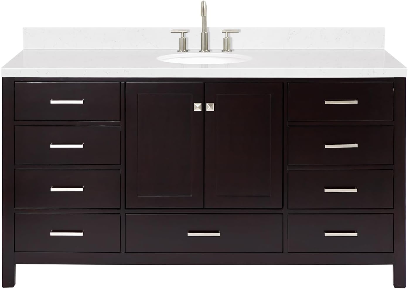 ARIEL Cambridge 66-inch Bathroom Vanity with Sink,Solid Wood, 1.5-inch Carrara White Quartz Countertop & Backsplash, Single Oval Porcelain Sink, 2 Soft Closing Doors, 9 Dovetail Drawers, Espresso