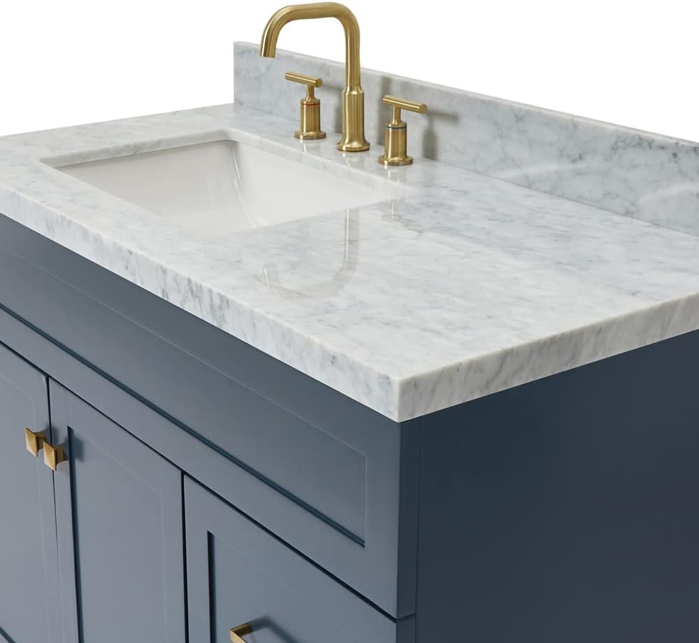 DKB Bradford 42' Midnight Blue Single Bathroom Vanity with Sink, 1.5' Italian Carrara Marble Countertop, Solid Wood, Rectangular Undermount Sink, Soft Closing Doors & Dovetail Drawers, Brushed Nickel