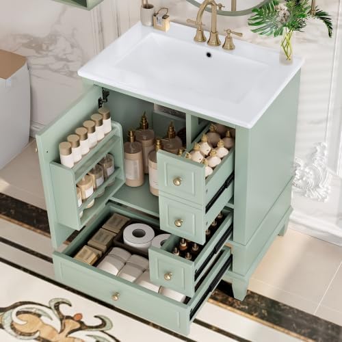 Bellemave Bathroom Vanity with Ceramic Sink & 3 Drawers, 24' Bathroom Cabinet with Storage Shelves & Solid Wood Base, Freestanding Vanity Cabinet with Organizer (Light Green/24)