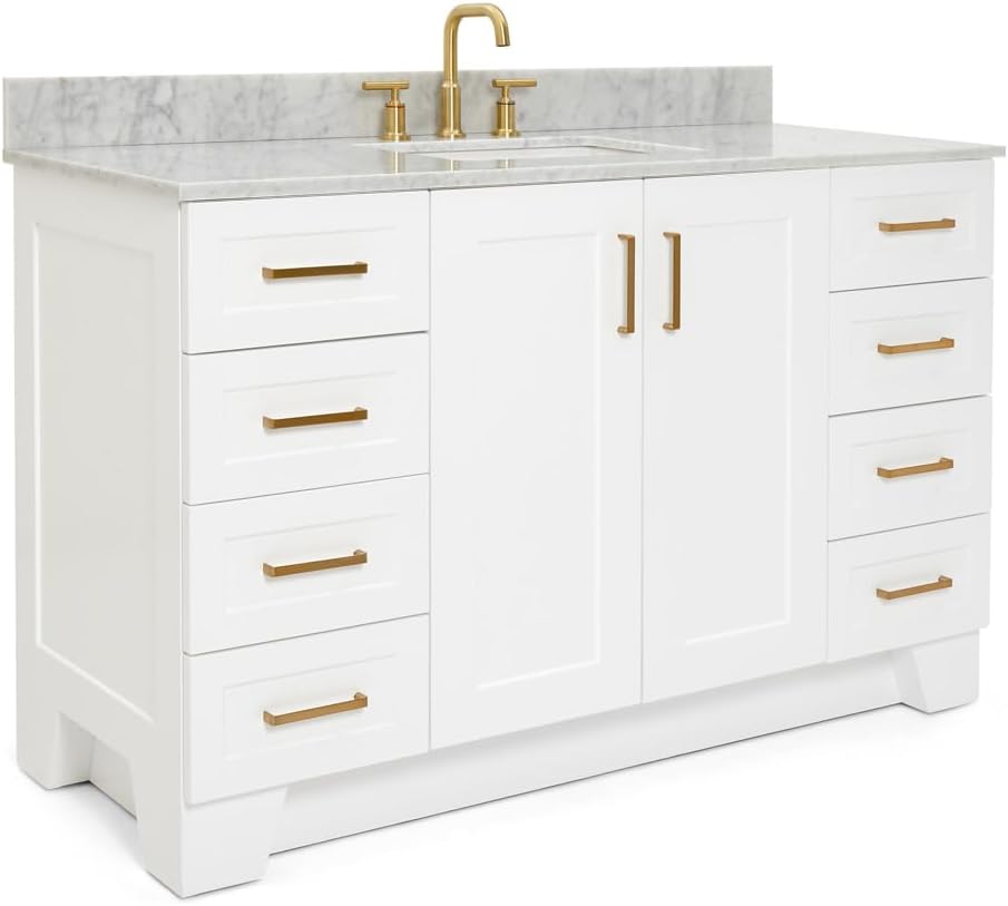 ARIEL Taylor 54-inch Bathroom Vanity with Sink,Solid Wood, 0.75-inch Italian Carrara Marble Countertop, Single Rectangular Porcelain Sink, 2 Soft Closing Doors, 9 Dovetail Drawers, White