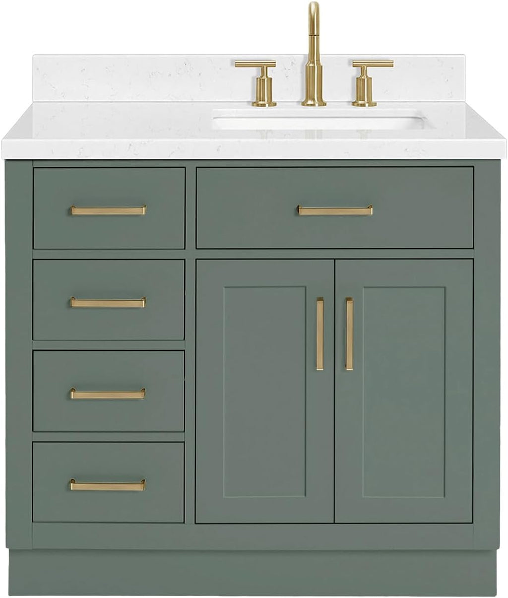 ARIEL Hepburn 36-inch Bathroom Vanity with Sink,Solid Wood, 1.5-inch Carrara White Quartz Countertop, Single Rectangular Porcelain Sink, 2 Soft Closing Doors, 5 Dovetail Drawers, Vintage Green