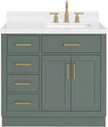 ARIEL Hepburn 36-inch Bathroom Vanity with Sink,Solid Wood, 1.5-inch Carrara White Quartz Countertop, Single Rectangular Porcelain Sink, 2 Soft Closing Doors, 5 Dovetail Drawers, Vintage Green