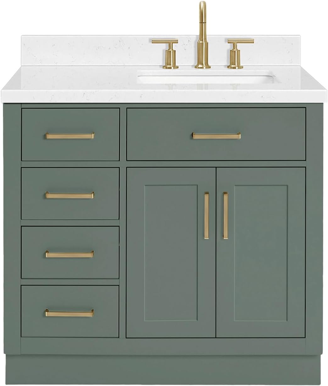 ARIEL Hepburn 36-inch Bathroom Vanity with Sink,Solid Wood, 1.5-inch Carrara White Quartz Countertop, Single Rectangular Porcelain Sink, 2 Soft Closing Doors, 5 Dovetail Drawers, Vintage Green