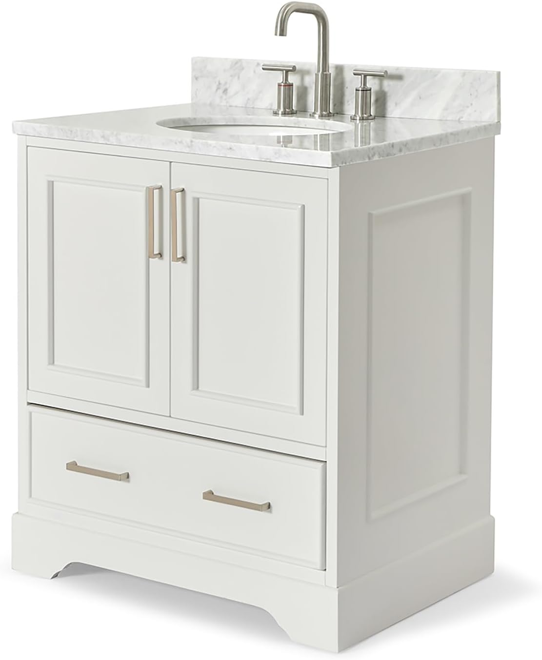 ARIEL Stafford 30-inch Bathroom Vanity with Sink,Solid Wood, 0.75-inch Italian Carrara Marble Countertop & Backsplash, Single Oval Porcelain Sink, 2 Soft Closing Doors, 1 Dovetail Drawers, White
