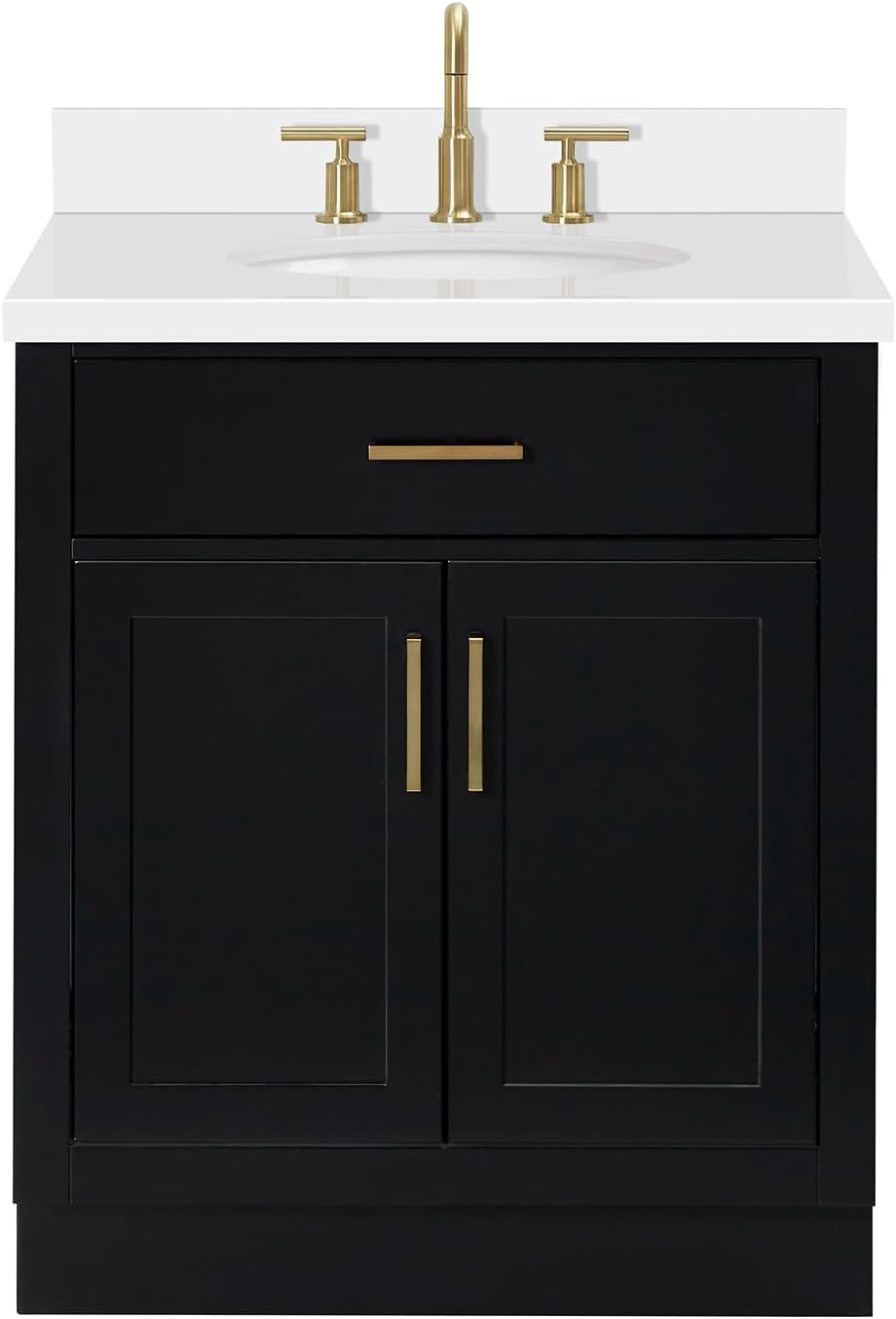 ARIEL Hepburn 30-inch Bathroom Vanity with Sink,Solid Wood, 1.5-inch Pure White Quartz Countertop & Backsplash, Single Oval Porcelain Sink, 2 Soft Closing Doors, 1 Dovetail Drawers, Black