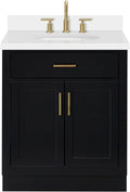 ARIEL Hepburn 30-inch Bathroom Vanity with Sink,Solid Wood, 1.5-inch Pure White Quartz Countertop & Backsplash, Single Oval Porcelain Sink, 2 Soft Closing Doors, 1 Dovetail Drawers, Black