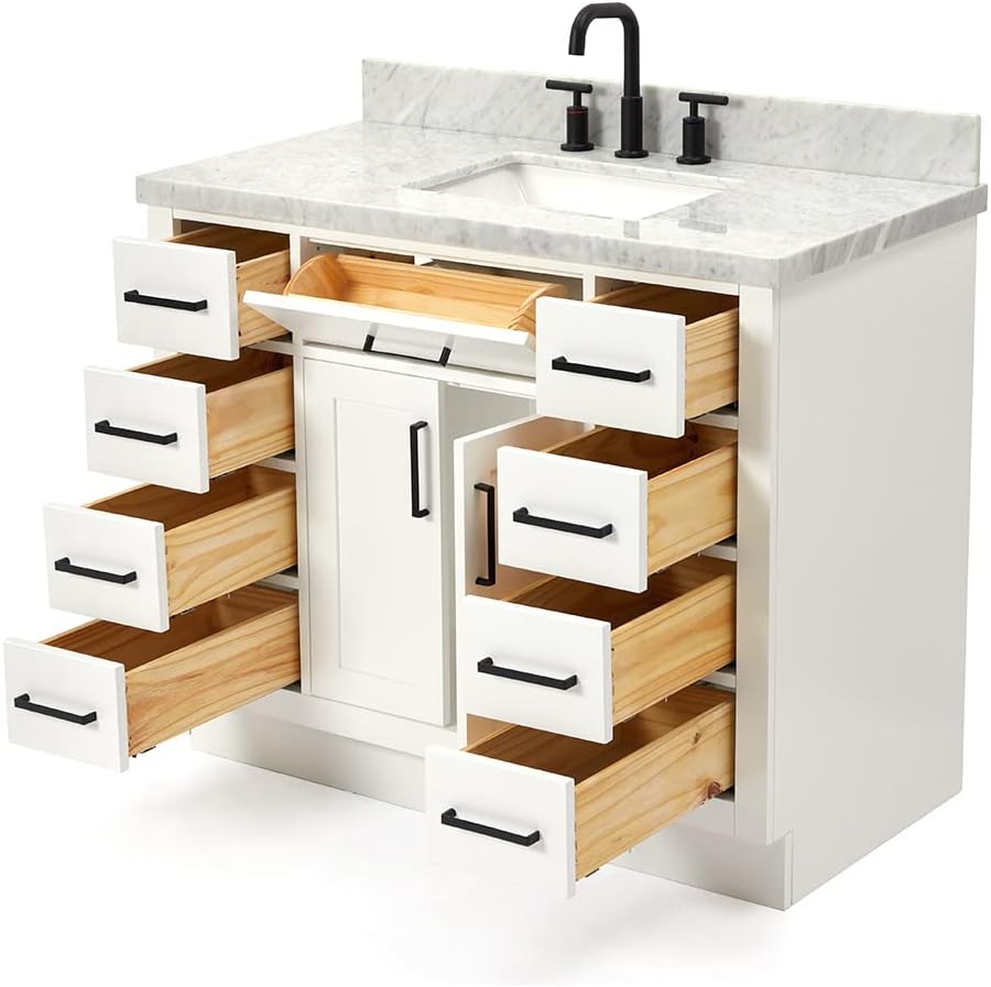 DKB Isabella 42-Inch White Single Bathroom Vanity with Sink, 1.5' Edge Italian Carrara Marble Countertop & Splash, Rectangular Undermount Sink, 2 Soft Closing Doors, 9 Dovetail Drawers, Toe Kick
