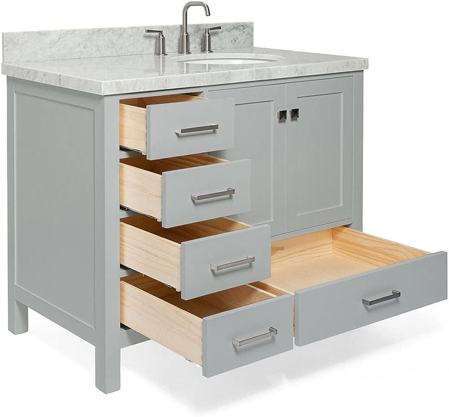 ARIEL Cambridge 42-inch Bathroom Vanity with Sink,Solid Wood, 1.5-inch Italian Carrara Marble Countertop & Backsplash, Single Oval Porcelain Sink, 2 Soft Closing Doors, 5 Dovetail Drawers, Grey