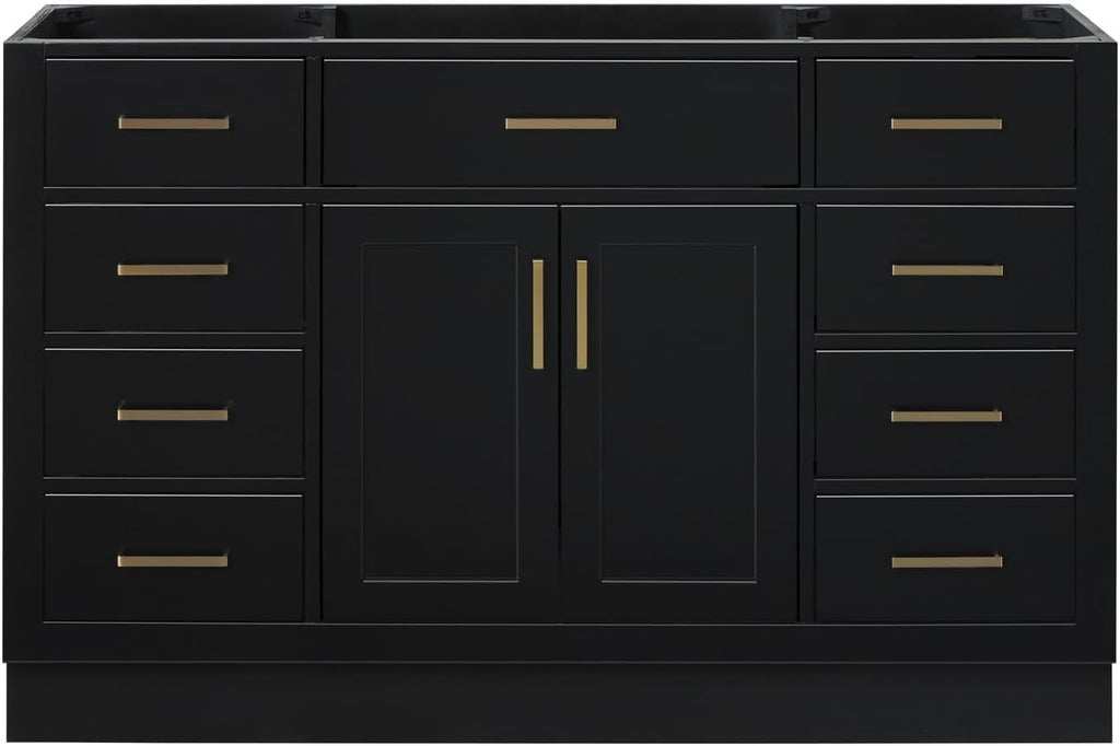 ARIEL Hepburn 54-inch Bathroom Vanity Base Cabinet,Solid Wood, 2 Soft Closing Doors, 9 Dovetail Drawers, Black