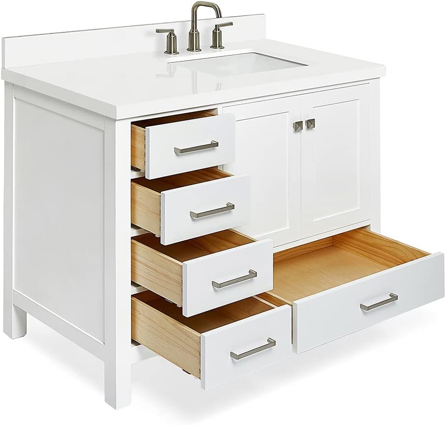 ARIEL Cambridge 42-inch Bathroom Vanity with Sink,Solid Wood, 1.5-inch Pure White Quartz Countertop & Backsplash, Single Rectangular Porcelain Sink, 2 Soft Closing Doors, 5 Dovetail Drawers, White