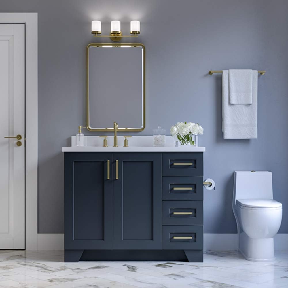 ARIEL Taylor 42-inch Bathroom Vanity with Sink,Solid Wood, 1.5-inch Pure White Quartz Countertop & Backsplash, Single Oval Porcelain Sink, 2 Soft Closing Doors, 5 Dovetail Drawers, Midnight Blue