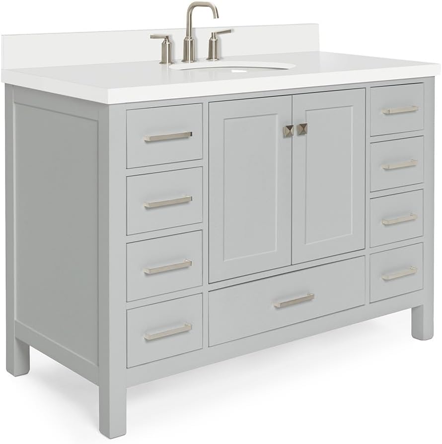 ARIEL Cambridge 48-inch Bathroom Vanity with Sink,Solid Wood, 1.5-inch Pure White Quartz Countertop & Backsplash, Single Oval Porcelain Sink, 2 Soft Closing Doors, 9 Dovetail Drawers, Grey