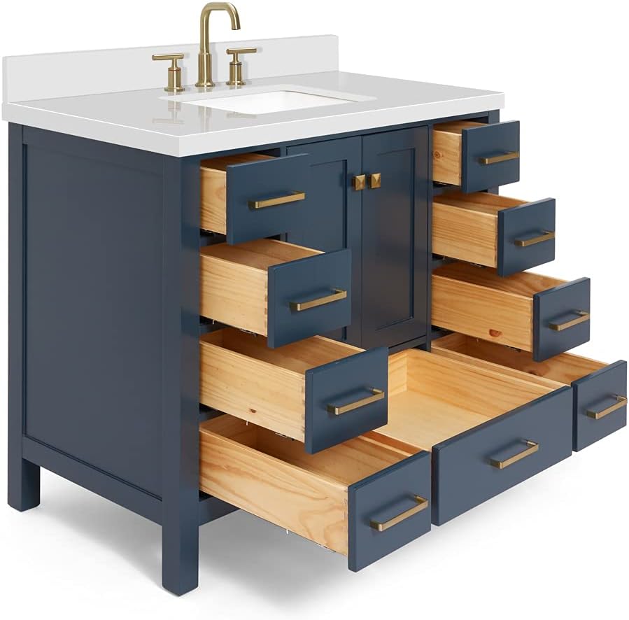 ARIEL Cambridge 42-inch Bathroom Vanity with Sink,Solid Wood, 1.5-inch Pure White Quartz Countertop, Single Rectangular Porcelain Sink, 2 Soft Closing Doors, 9 Dovetail Drawers, Midnight Blue