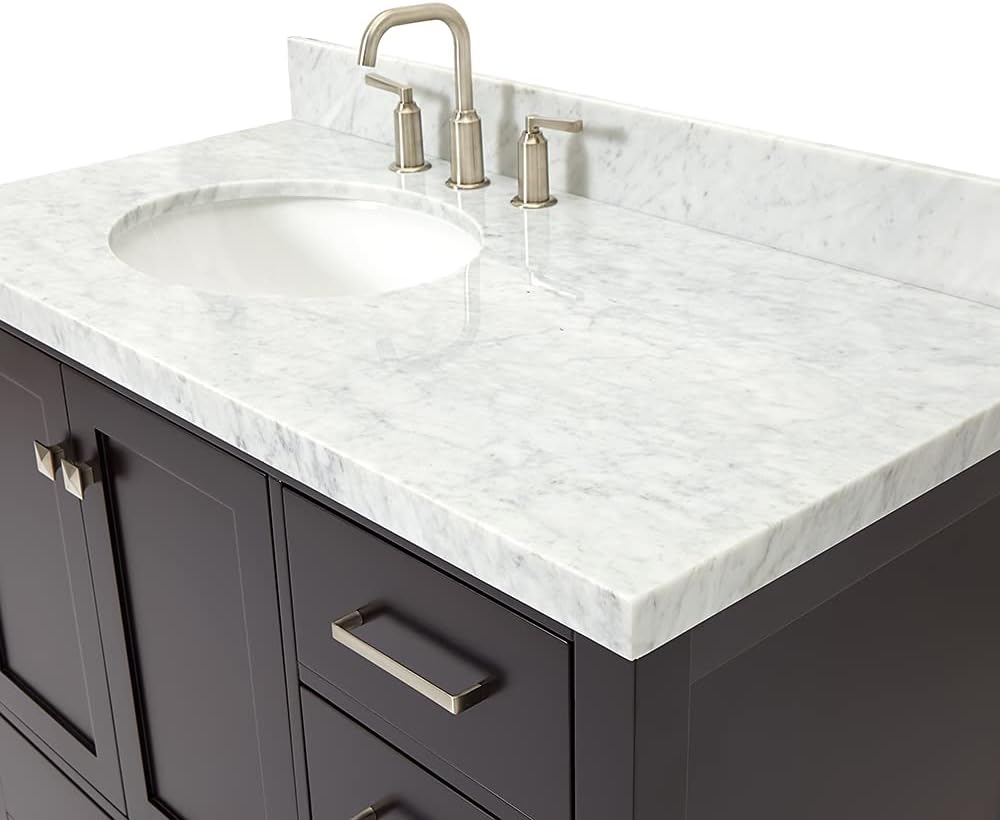 ARIEL Cambridge 42-inch Bathroom Vanity with Sink,Solid Wood, 1.5-inch Italian Carrara Marble Countertop & Backsplash, Single Oval Porcelain Sink, 2 Soft Closing Doors, 5 Dovetail Drawers, Espresso
