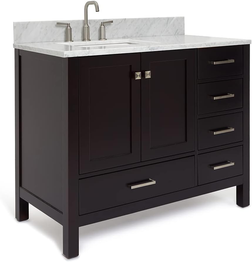 ARIEL Cambridge 43 in. Left Offset Rectangle Single Sink Vanity with Carrara White Marble Countertop in Espresso