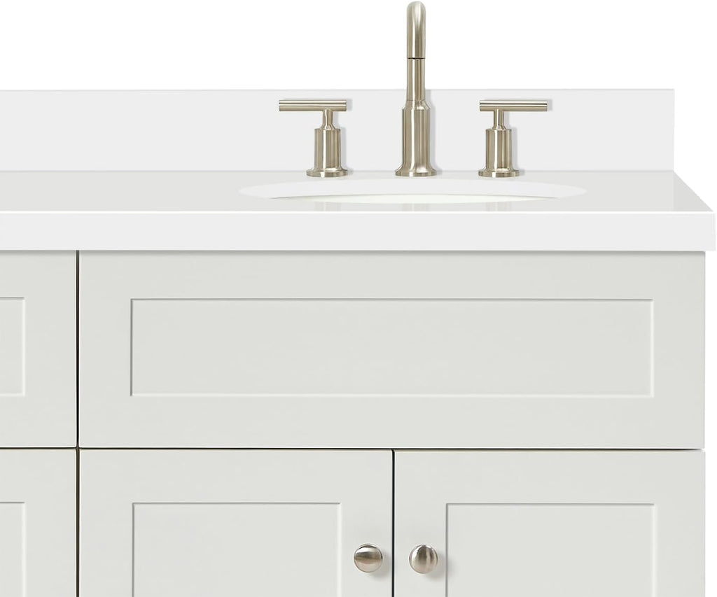 DKB Bradford 66-Inch White Double Bathroom Vanity, 1.5-Inch Pure White Quartz Countertop & Backsplash, Double Oval Undermount Sinks, 2 Soft Closing Doors, 3 Dovetail Drawers, Toe Kick, Brushed Nickel