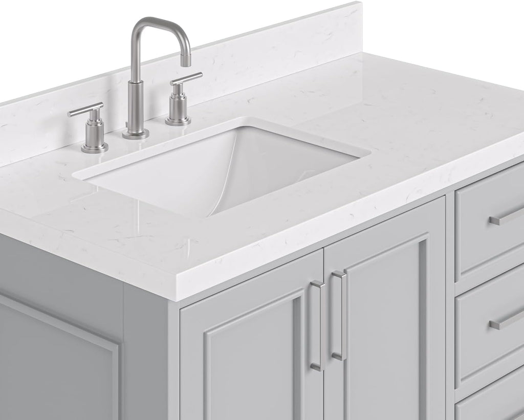 DKB Langford 42-inch Grey Bathroom Vanity with Right Rectangle Single Sink, Carrara White Quartz Countertop & Backsplash, Solid Wood Frame, Soft-Closing & Dovetail Drawers