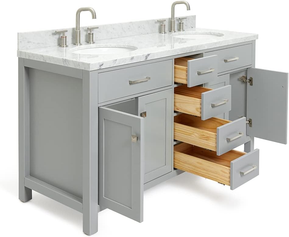 ARIEL Bristol 60-inch Bathroom Vanity with Sink,Solid Wood, 1.5-inch Italian Carrara Marble Countertop, Double Oval Porcelain Sink, Soft Closing Doors, Dovetail Drawers, Grey