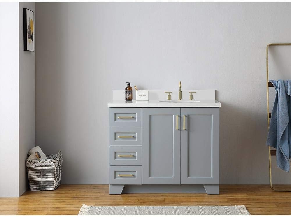 ARIEL Taylor 42-inch Bathroom Vanity with Sink,Solid Wood, 1.5-inch Pure White Quartz Countertop & Backsplash, Single Rectangular Sink, 2 Soft Closing Doors, 5 Dovetail Drawers, Grey