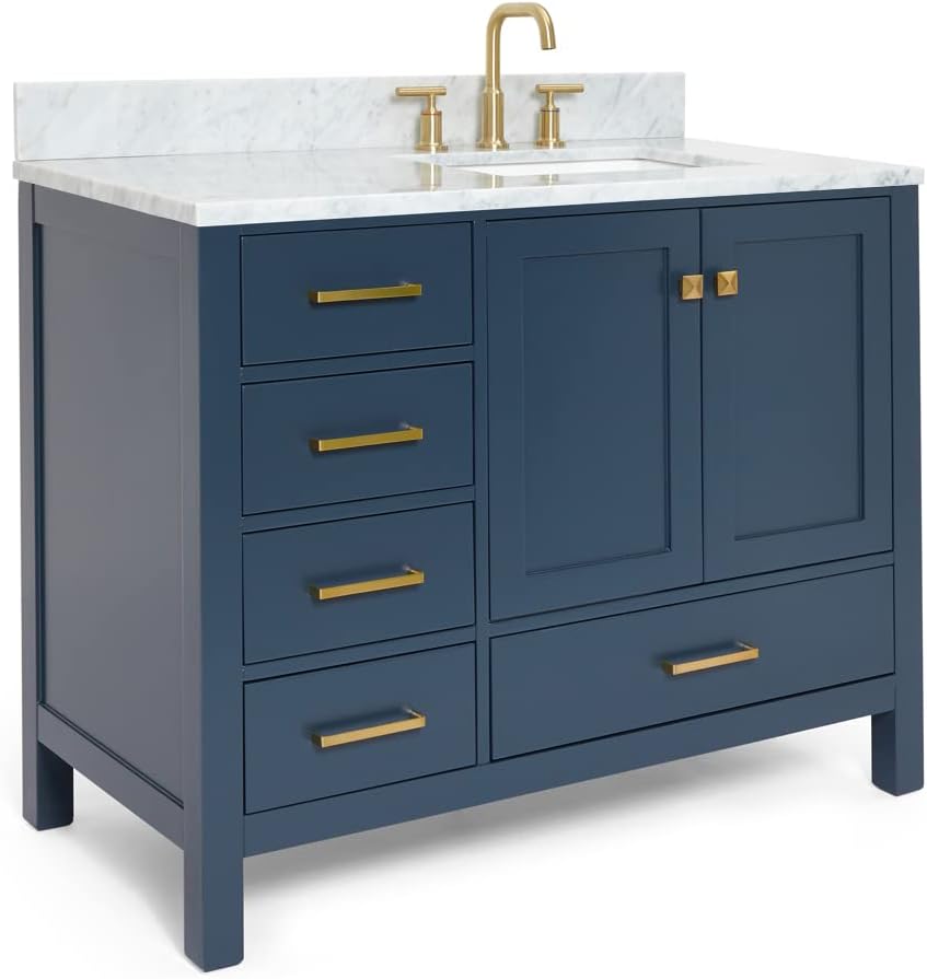 ARIEL Cambridge 43 in. Right Offset Rectangle Single Sink Vanity with Carrara White Marble Countertop in Midnight Blue
