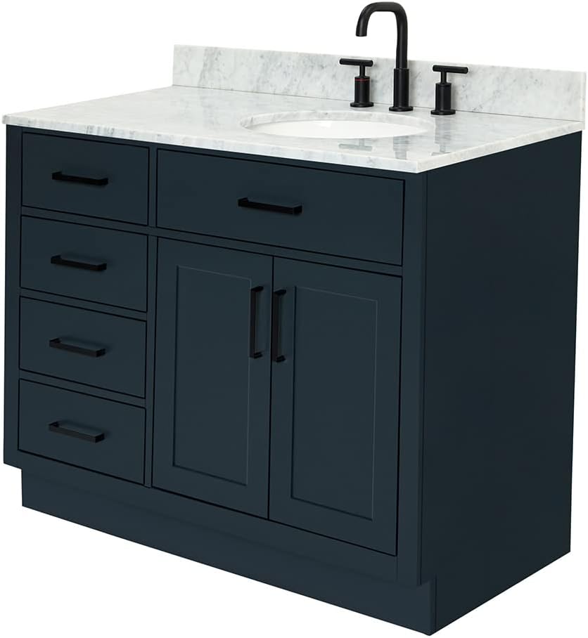 ARIEL Hepburn 43' Inch Right Offset Oval Sink Vanity with 0.75 Inch Edge Carrara White Countertop in Midnight Blue