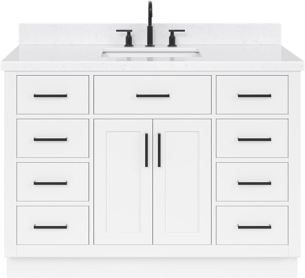 ARIEL Hepburn 48-inch Bathroom Vanity with Sink,Solid Wood, 1.5-inch Carrara White Quartz Countertop & Backsplash, Single Rectangular Porcelain Sink, 2 Soft Closing Doors, 9 Dovetail Drawers, White