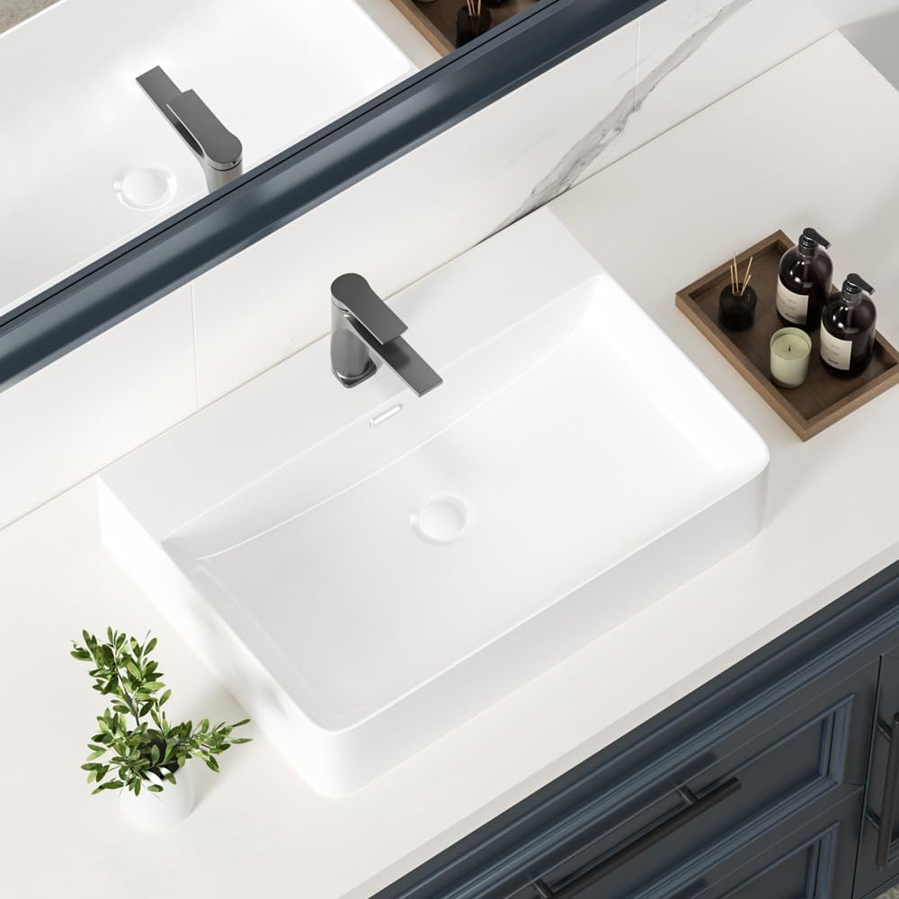 KINGWONG 24' Ceramic Vessel Sink | White Rectangular Bathroom Sink Above Counter or Wall Mounted | Large Porcelain Vanity Basin with Overflow Easy Clean Glossy Finish for Master Bath RV Farmhouse
