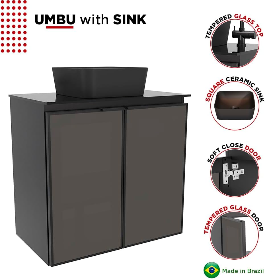 COZIMAX Umbu Combo Black Steel Bathroom Vanity Set 24' with Tempered Glass Countertop and Door, Black Square Ceramic Sink