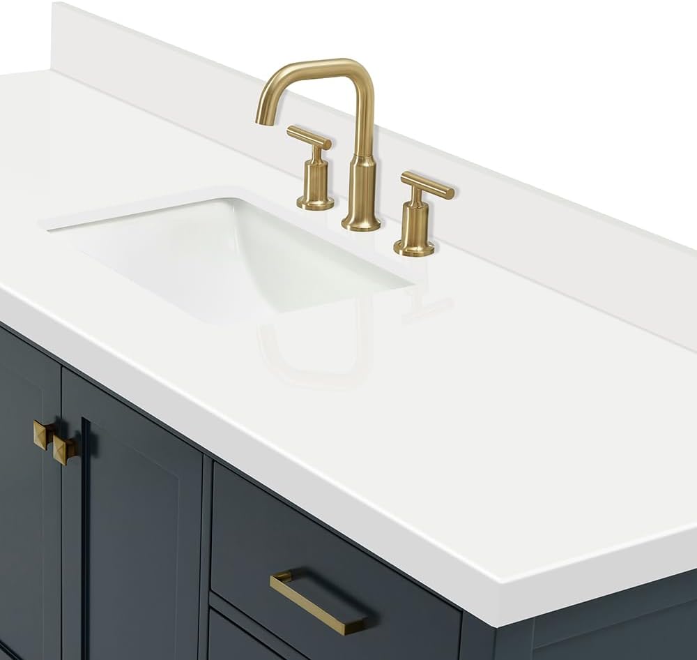 ARIEL Cambridge 66-inch Bathroom Vanity with Sink,Solid Wood, 1.5-inch Pure White Quartz Countertop, Single Rectangular Porcelain Sink, 2 Soft Closing Doors, 9 Dovetail Drawers, Midnight Blue