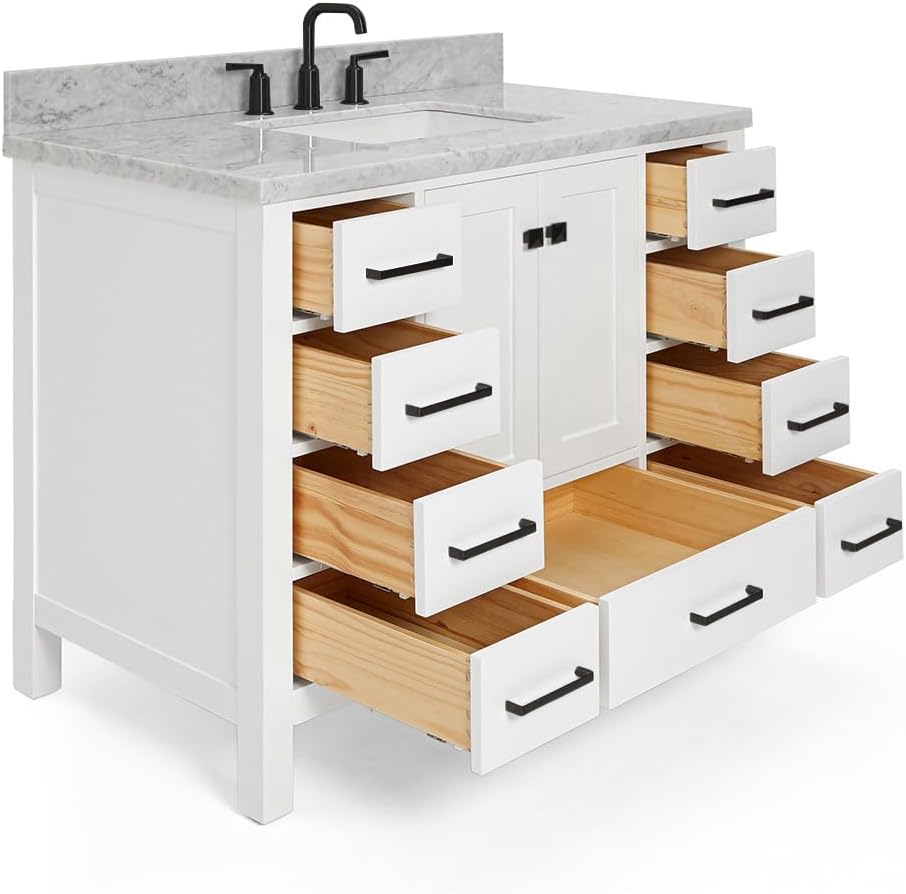 ARIEL Cambridge 42-inch Bathroom Vanity with Sink,Solid Wood, 1.5-inch Italian Carrara Marble Countertop, Single Rectangular Porcelain Sink, 2 Soft Closing Doors, 9 Dovetail Drawers, White