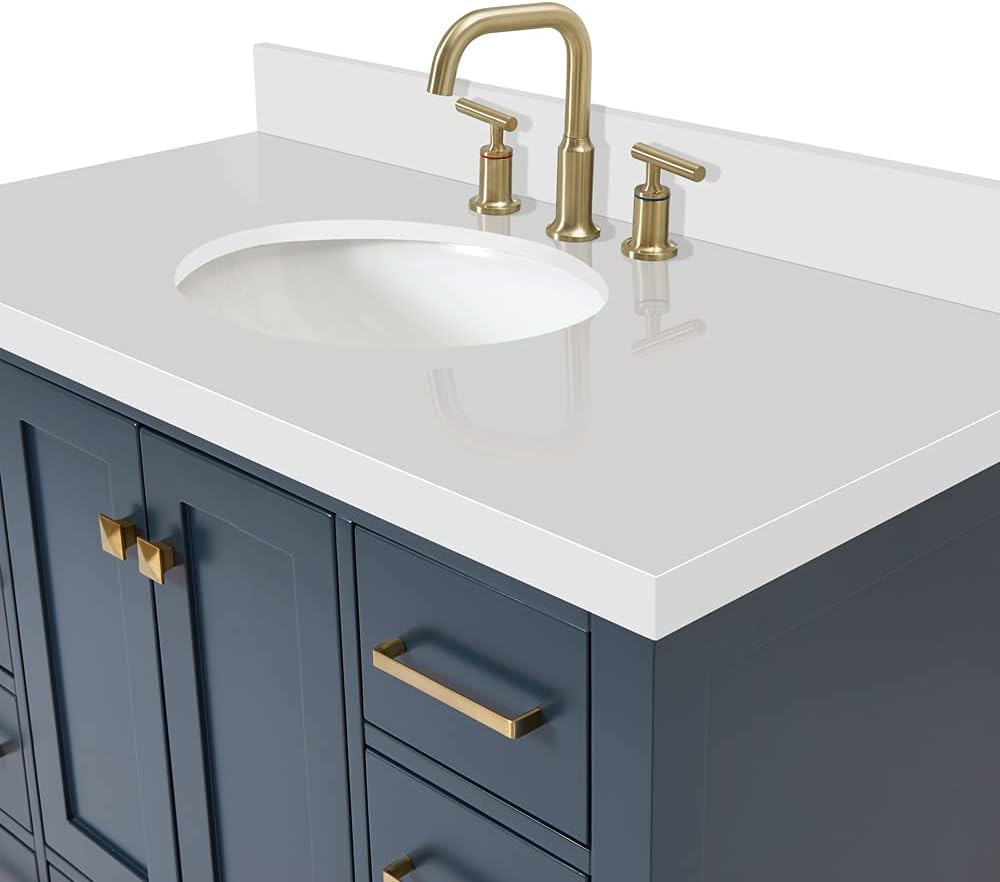 DKB Beckford 42-Inch Midnight Blue Bathroom Vanity with Sink, Solid Wood Cabinet, 1.5' Quartz Countertop & Backsplash, Oval Sink, 2 Soft Closing Doors, 9 Drawers, Brushed Nickel Hardware