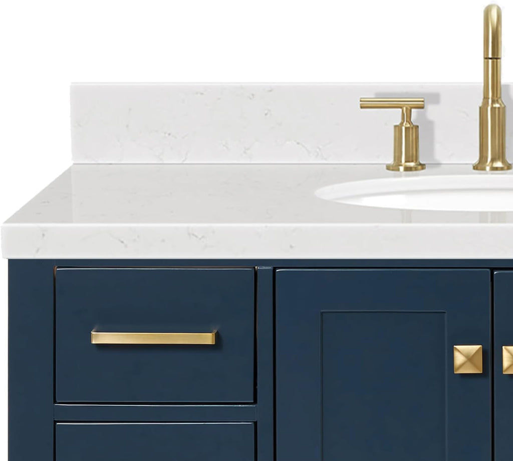 DKB Beckford 42-Inch Midnight Blue Single Bathroom Vanity with Sink, Solid Wood Cabinet, Carrara White Quartz Countertop, 1.5-Inch Edge, Oval Undermount Sink, 2 Soft Closing Doors, 9 Drawers