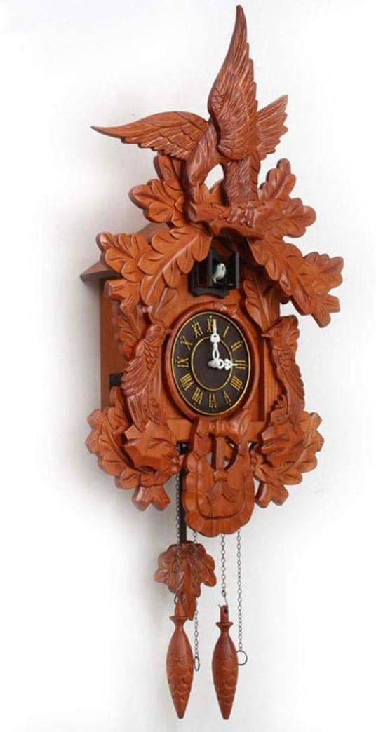 Wooden Cuckoo Clock with Hand Carving, Falcon-Themed European Retro Solid Wood Wall Clock for Living Room, Study, Office, Gifts for Kids, Home Decoration