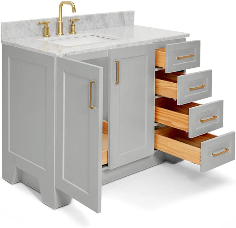 ARIEL Taylor 42-inch Bathroom Vanity with Sink,Solid Wood, 0.75-inch Italian Carrara Marble Countertop, Single Rectangular Porcelain Sink, 2 Soft Closing Doors, 5 Dovetail Drawers, Grey