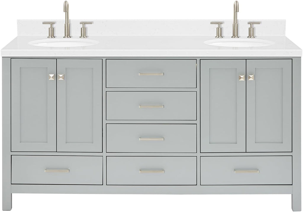 ARIEL Cambridge 66-inch Bathroom Vanity with Sink,Solid Wood, 1.5-inch Carrara White Quartz Countertop & Backsplash, Double Oval Porcelain Sink, 4 Soft Closing Doors, 6 Dovetail Drawers, Grey