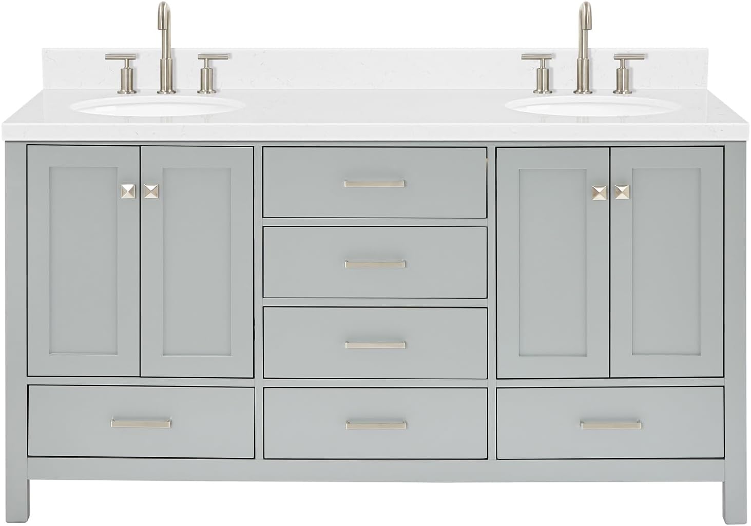 ARIEL Cambridge 66-inch Bathroom Vanity with Sink,Solid Wood, 1.5-inch Carrara White Quartz Countertop & Backsplash, Double Oval Porcelain Sink, 4 Soft Closing Doors, 6 Dovetail Drawers, Grey